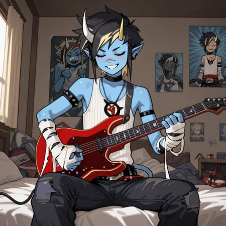 masterpiece, best quality, amazing quality, alterr3mifort, male, solo, humanoid, blue skin, black hair, short hair, spiked hair, yellow highlights, yellow sclera, red eyes, scar, horns, sharp teeth, pointy ears, tail, ear piercings, black collar, tank top, necklace, armbands, arm sleeves, bandages, studded belt, black jeans, ripped jeans, red sneakers, on bed, sitting down, closed eyes, smile, playing electric guitar, indoors, bedroom, messy room, posters,