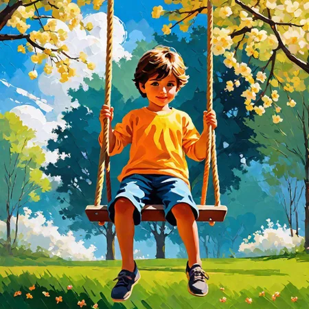 ac_neg1,oil painting, Stylized digital painting in wet oil, palette knife, oil painting style, dramatic loose brush strokes, free brushwork.
A grandson swinging on a swing. playground scene. Blossom treed, white clouds. shadows soft illumination,