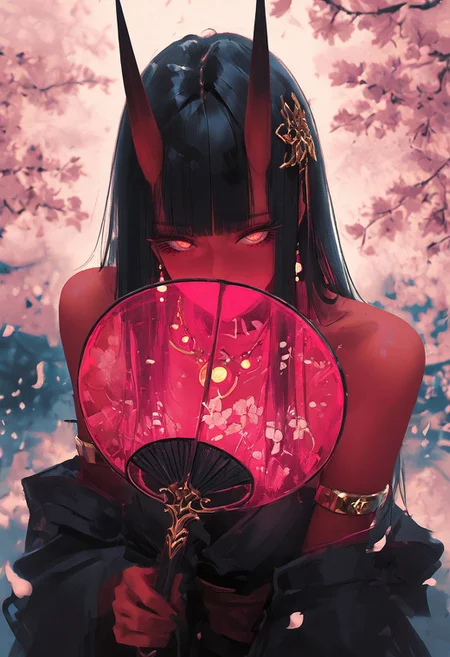 masterpiece, best quality, amazing quality, 1girl, hair ornament,
wlop, nhl-001, limited palette, realistic
8K, illustrating, CG, detailed-eyes, detailed background, cute girl, eyelashes, lowlight
BREAK
sexy, slutty, hot, aroused,
BREAK
detailed background, eyelashes, erotic, looking seductive, coy. dynamic action image, detailed face, detailed eyes, direct mesmerizing gaze,
BREAK
(EyesHD:1.2), (4k,8k,Ultra HD), masterpiece, best quality, ultra-detailed, very aesthetic, sharp focus, depth of field, ray tracing, best lighting, detailed illustration, detailed background, cinematic, beautiful face, beautiful eyes,
BREAK
hair ornament, jewelry, earrings, necklace, collar, armlet, glowing, looking at viewer, eyelashes
BREAK
Aka-Oni, oni, colored skin, red skin, straight horns,
BREAK
kimono, black hair, long hair, holding fan, covering mouth, dynamic pose, cherry blossom, bare shoulder, looking at viewer, petals falling, translucent fan,