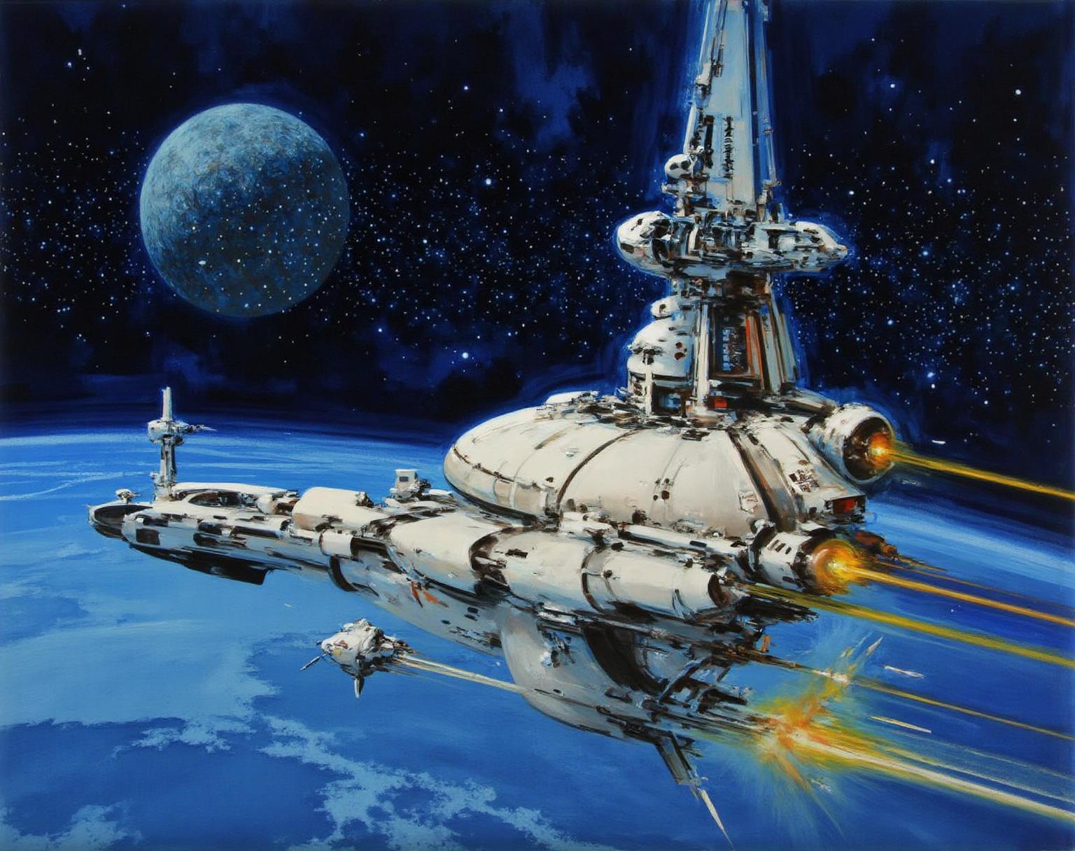 jober1 illustration.
A complex, highly detailed spacecraft in the foreground, with a sleek, white, and metallic appearance, adorned with various modules and antennas. The spacecraft is shown firing laser beams, creating trails of bright, glowing energy that streak across the image, illuminating the dark, star-filled background. The spaceship is in motion, with thrusters and engines emitting a warm, golden glow, indicating propulsion. The surface of a blue planet is visible below the spaceship. There is a moon in the dark sky in the background. 
 <lora:jober1_cap_d6a3e12:1.0><lora:819165536257691777:0>