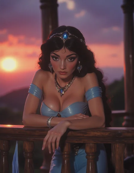 (80s Fantasy Movie Still of princess-jasmine:1.2), wearing her blue outfit, looking bored as she leans over a wooden balcony overlooking a sunset,  movie still, a realistic portrait of a woman filmed on a canon z100 hd quality, IMG-00000231.png  <lora:princess-jasmine-32:0.8> <lora:turbo-alpha:1> <lora:80s_Fantasy_Movie:1.2>