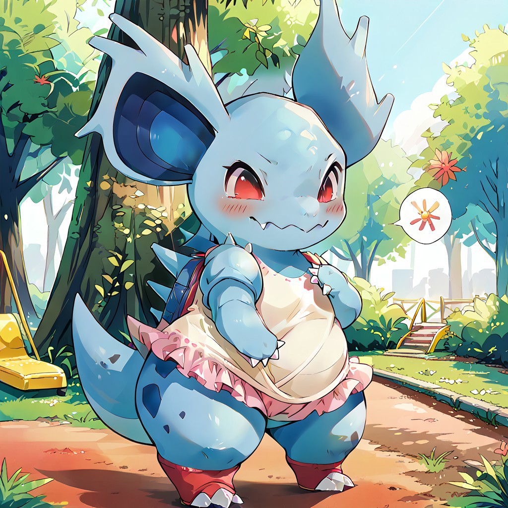 uploaded on e621, source_furry, rating_safe,moe, cute, score_10, score_9_up, score_8_up, score_7_up, score_6_up, absurdres, sharp, ((heart speech bubble)),
((ultra-detailed)), ((best quality)), ((best quality)),   ((extremely detailed)),4K, (8K), masterpiece,colorful, best quality, official art, highres, masterpiece, nai3, god light, detailed background, high quality background, Smooth, Anime, Expressiveh,
cute face, perfect anatomy,beautiful eyes, cute eyes, detailed skin, perfect hands, perfect face, front view, ancesra,sknl style,
BREAK,
park,playground,
((quadruped)),smile,wince,Full Body, Romantic, 
embarrassed, 
Furry,feral, furry style, nintendo,pokemon,pokemon_(species),
 ((solo,1girl,female)),(nidorina,nidorina_pokemon), 
red eyes,big eyes,closed mouth,slightly chubby,  thick thighs,wide hips,
clothed,long shirt, White skirt,long sleeves, frilled skirt, pink skirt,((socks,boots,red boots)), randoseru,backpack