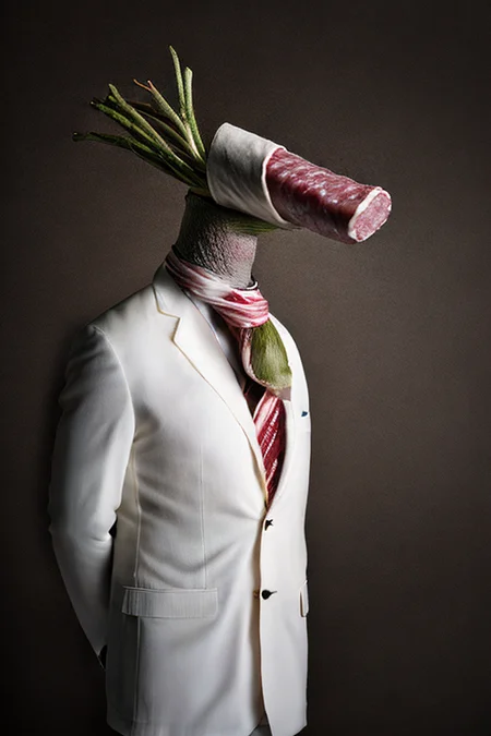 a photo of a (salami:1.2) wearing a white suit,  <lora:dressedAnimalsLora_v10:1>