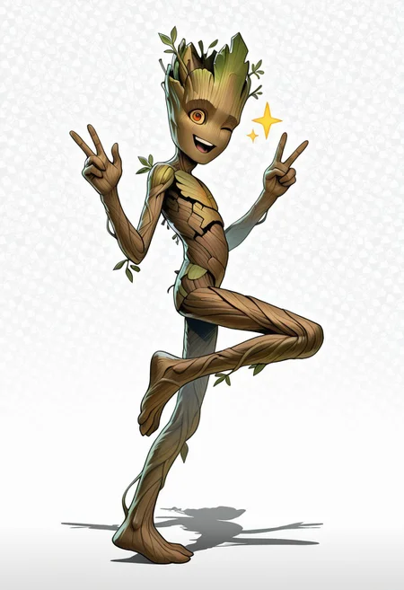 masterpiece, absurdres, amazing quality, extremely detailed, very aesthetic, solo, male, from side, looking at viewer,
Groot2, young, skinny, made of wood, amber eyes, brown bark skin, leaf, (no nose:1.15), alien, flora fauna, plant boy, looking at viewer, smile, open mouth, teeth, foot up, standing on one leg, cocked hip, hand up, v sign, one eye closed, winking, full body, perfect hands, 5 fingers, twink, star, sparkle, big eyes,
psychedelic background, science fiction, hologram, pattern background, shadow, perfect lighting, WaiIL25PosC
