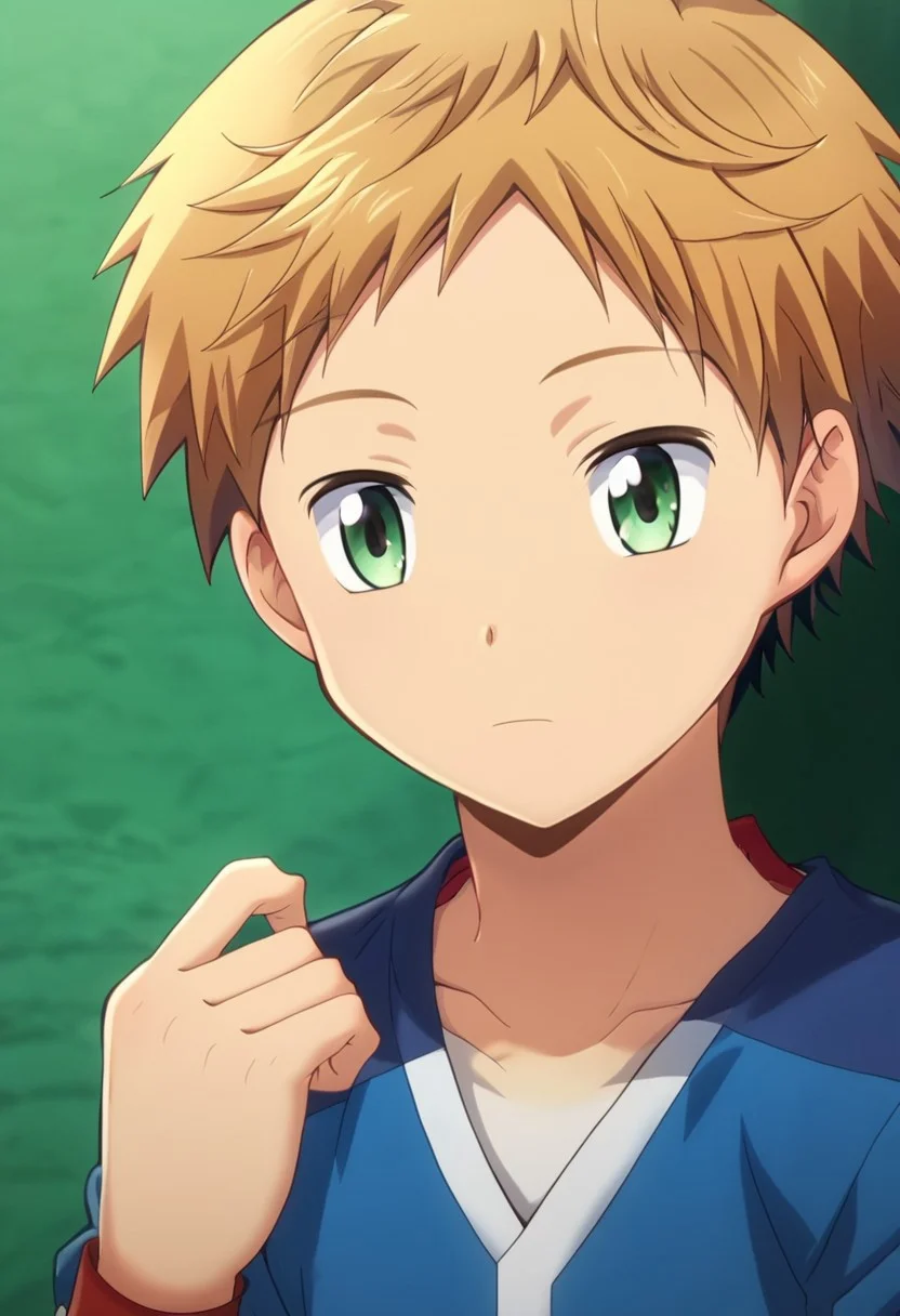 blond hair, short hair, bangs, green eyes, young man, 1boy, solo, solo focus, (kenji's hair:1.1), (tomohito's body:1.20)