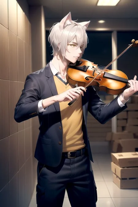 (masterpiece, intricate:1.3), (best quality, hires textures, high detail:1.2), (4k) 1boy, male, man, cat ears, no human ears, short hair, silver hair, yellow eyes, cargo pants, vneck, blazer, playing a violin