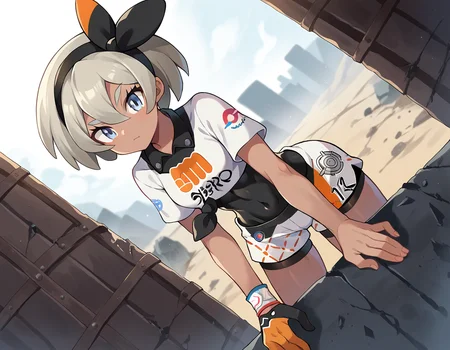 score_9, score_8_up, score_7_up, source_anime,
pokemonbea, <lora:pokemon-bea-ponyxl-lora-nochekaiser:1>
pokemonbea, blue eyes, dark skin, dark-skinned female, grey hair, hair between eyes, short hair, ribbon, hair ribbon, hairband, black ribbon, black hairband,
bodysuit, covered navel, shorts, single glove, glove, crop top, white shirt, short sleeves, collar, white shorts,
outdoors, wasteland, bent over,
looking at viewer, cowboy shot, dutch angle,