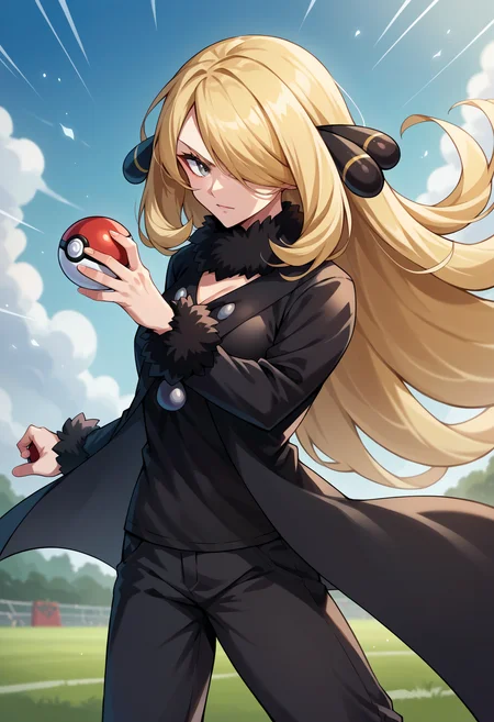 score_9, score_8_up,score_7_up, source_anime, rating_questionable, 1girl, solo, <lora:EPpkCynthia:1> EPpkCynthia, long hair, blonde hair, hair over one eye, grey eyes, black pants, fur trim, fur collar, black robe, black shirt, fur-trimmed sleeves, fur-trimmed robe, long sleeves, upper body, holding poke ball, poke ball \(basic\), field, outdoors, fighting stance, throwing, throwing poke ball, one eye covered,