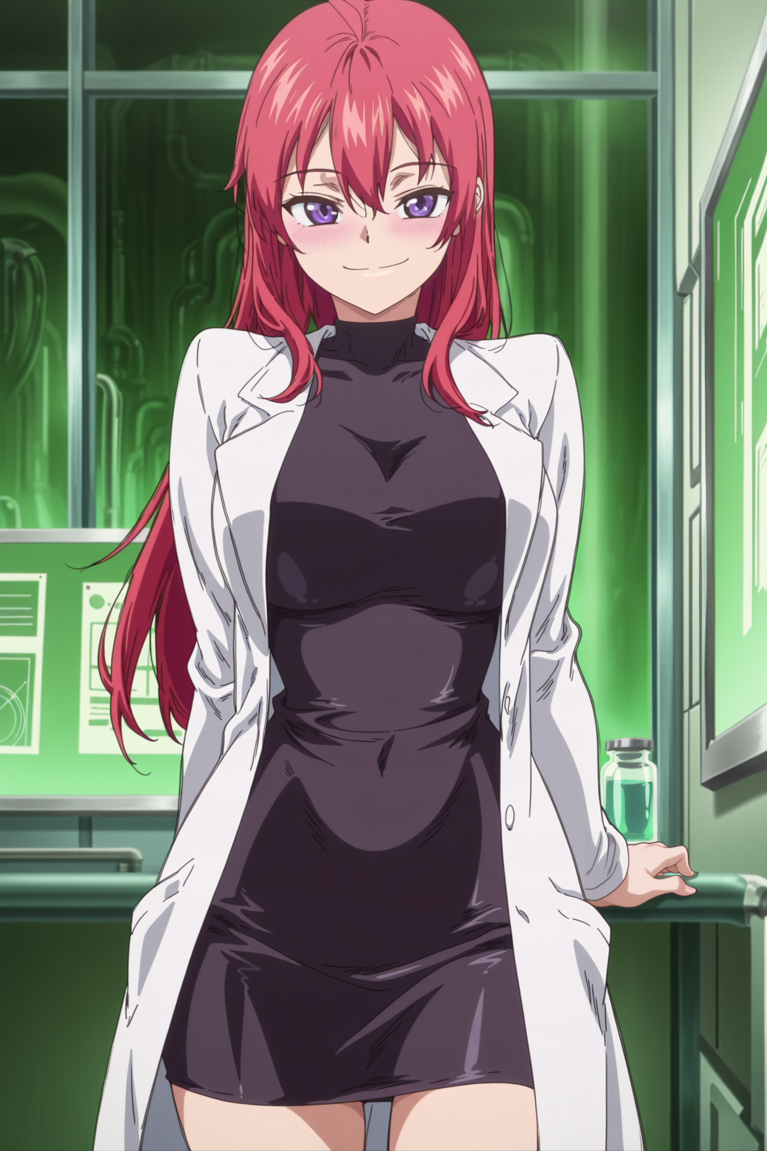 anime coloring, anime screencap, masterpiece, best quality, detailed face, detailed fingers, amazing quality,
in a science lab,
<lora:Kirill_Shounen_ga_Otona_ni_Natta_Natsu:1>
girl is 20 years old, Kirill (character), 1girl, solo,  long hair, red hair, purple eyes, lab coat, looking at the viewer, smile, cowboy shot,