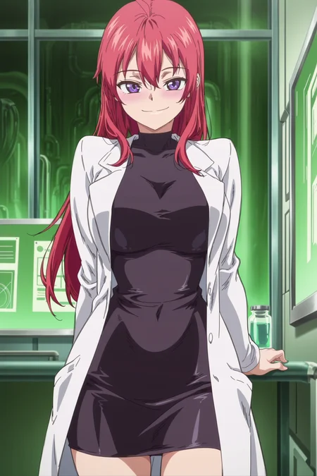 anime coloring, anime screencap, masterpiece, best quality, detailed face, detailed fingers, amazing quality,
in a science lab,
<lora:Kirill_Shounen_ga_Otona_ni_Natta_Natsu:1>
girl is 20 years old, Kirill (character), 1girl, solo,  long hair, red hair, purple eyes, lab coat, looking at the viewer, smile, cowboy shot,