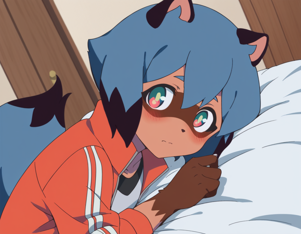 score_9, score_8_up, score_7_up, source_anime,
michirukagemori, <lora:michiru-kagemori-s1-ponyxl-lora-nochekaiser:1>,
michiru kagemori, short hair, black hair, animal ears, blue hair, multicolored hair, furry, furry female, raccoon ears, body fur, raccoon girl,  raccoon tail, tail,
shirt, jacket, white shirt, shorts, red jacket, blue shorts, track jacket,
indoors, bed, bed room, on side, blush, drunk,
solo, dutch angle, looking at viewer, cowboy shot,