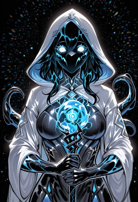 remsrar, yourfreakyneighbourh, teranen,
(very awa, masterpiece, best quality:1.2), general, lineart:1.2, genshin impact,
solo, 1girl, monster girl, Octopus girl, animal head, portrait, medium breasts, hooded robe, dress, holding weapon, staff, casting spell, hydrokinesis, symbiote, BREAK
iridescent:1.2, 1r1d3sc3nc3,chromatic abberation, light particles, black background, (shiny, abstract:0.7), underlighting:1.2,
<lora:NOOB_vp1_detailer_by_volnovik_v1:0.7> <lora:1r1d3sc3nc3XL:0.6> <lora:spo_sdxl_10ep_4k-data_lora_webui:1>