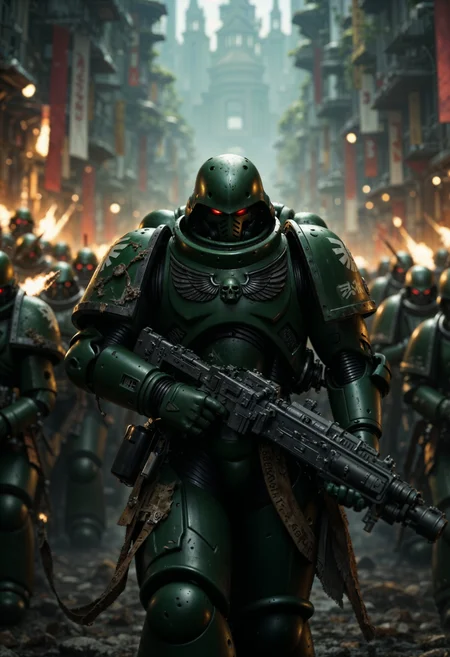 cinematic film still, DarkA40k, large space marine holding a machine gun, walking in a battlefield with an army behind him, highly detailed, bokeh, moody, epic, film grain, grainy, <lora:FluxDarkA40k:1> <lora:FluxMythP0rtr4itStyle:0.8>