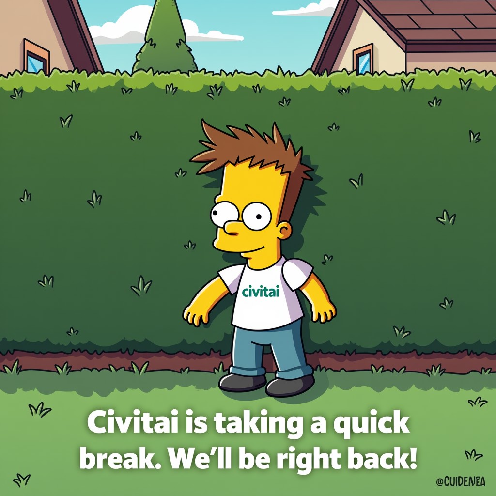 Create a playful 'under maintenance' image featuring 'Civi,' the friendly, mascot of 'Civitai.' wearing a branded 'Civitai' T-shirt, is slowly backing into a green hedge, echoing the Simpsons meme. Only Civi's head and shoulders are visible, with the rest of their body disappearing into the bushes.Civi has a blank stare. The setting is a sunny suburban yard, under the picture there's a caption: 'Civitai is taking a quick break. We'll be right back!' The tone is warm, humorous, and approachable."