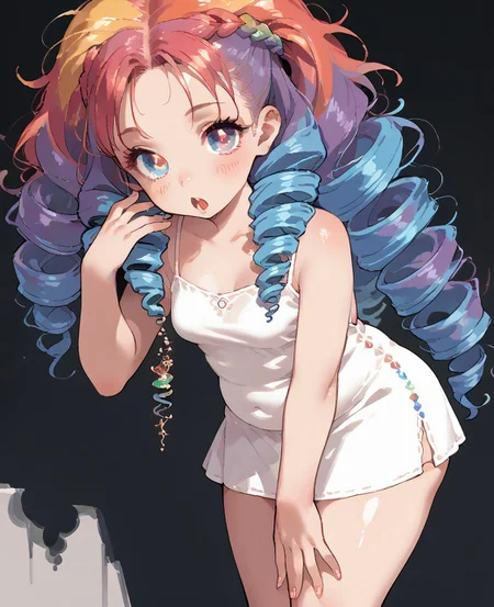 score_9, score_8_up, score_7_up, score_6_up, 1girl, solo, perfect hand, small_breasts ,chubby ,minidress ,very_long_hair ,colorful_hair ,rainbow_eyes ,drill_hair ,straight_hair ,looking_at_viewer ,open_mouth ,bent_over