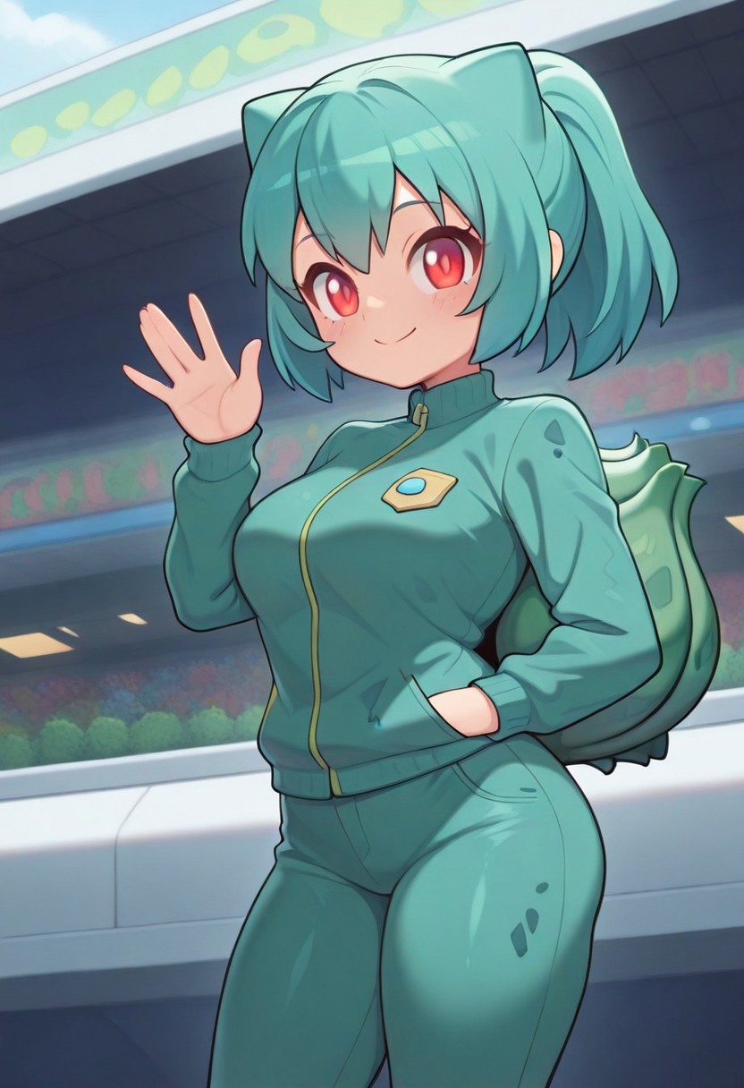 Bulbasaur-Girl, 1girl, solo, masterpiece, high quality, 4k, absurdres, green jacket, green pants, front view, long hair, ponytail, waving, pokemon center, looking at viewer