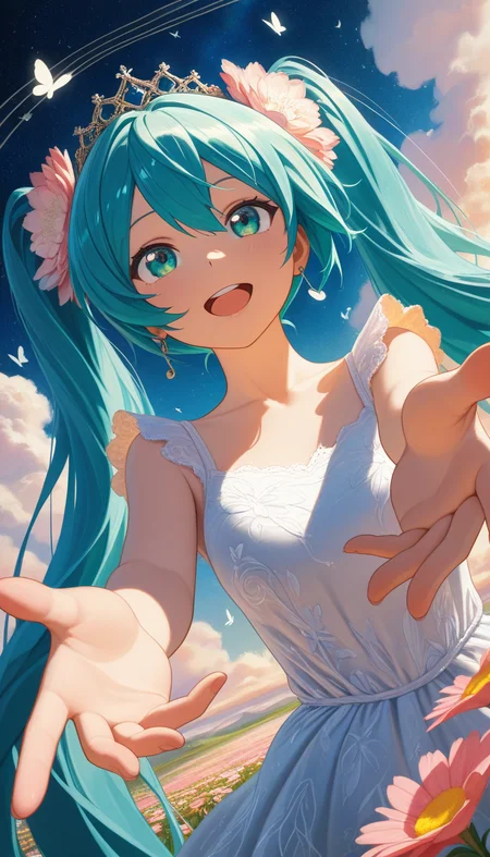 (masterpiece, best quality), amazing quality, very aesthetic, absurdres, highres, newest, HDR, 8K, chiaroscuro, impasto, intrinsic light, luster, shiny color, strong coloring, masterful shading,
1girl, hatsune miku, green eyes, aqua hair, long twintails, upper body, flower hair, hair ornament, earring, tiara, spring dress, sky, side viewer, happy, round teeth, look up, musical note, music effect, energy, spring theme, outdoors, bird, fly, butterfly, flower, singing, reaching towards viewer, foreshortening, perspective, dutch angle, detail background, Starry sky in the evening,