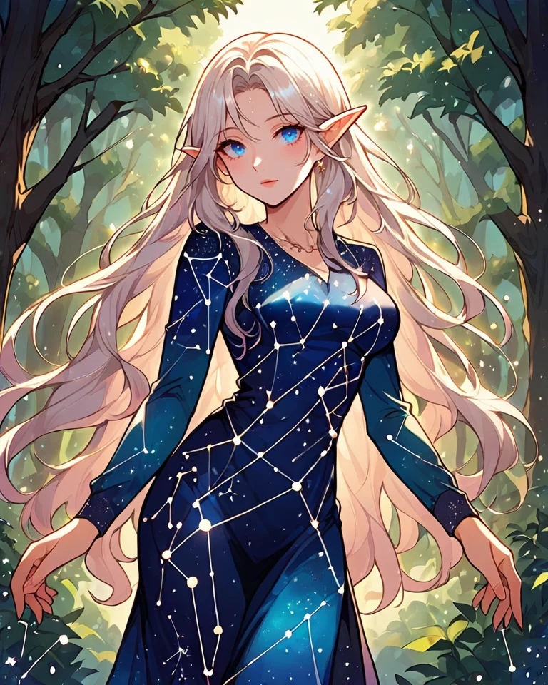 score 9, score 8 up, 1girl, masterpiece, <lora:Constellation_body:0.7> constellation dress , dress, elf, blue eyes, forest, night