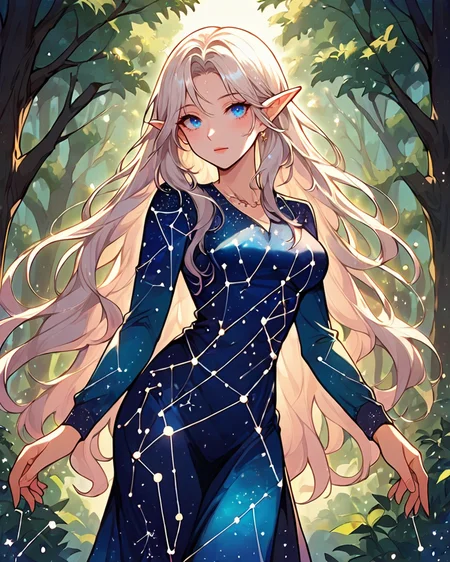 score 9, score 8 up, 1girl, masterpiece,   <lora:Constellation_body:0.7> constellation dress , dress, elf, blue eyes, forest, night