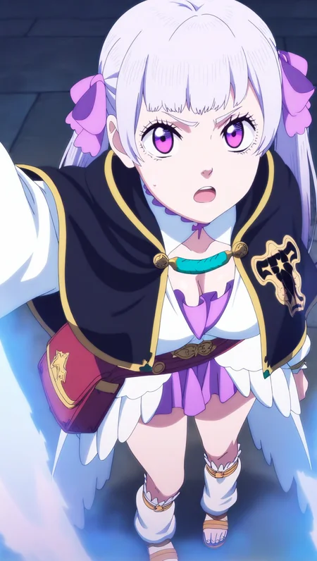 source_anime, masterpiece, best quality, amazing quality, anime screencap, high quality, 8k, absurdres, official style, 1girl, solo, looking at viewer, open mouth, <lora:Noelle_Silva_Spade_iL:1>, no3ll3 spade, purple eyes, grey hair, long hair, twintails, bangs, hair ribbon, purple ribbon, magic knight outfit, black capelet, purple undershirt, white dress, purple skirt, leg warmers, sandals, cleavage, bag,