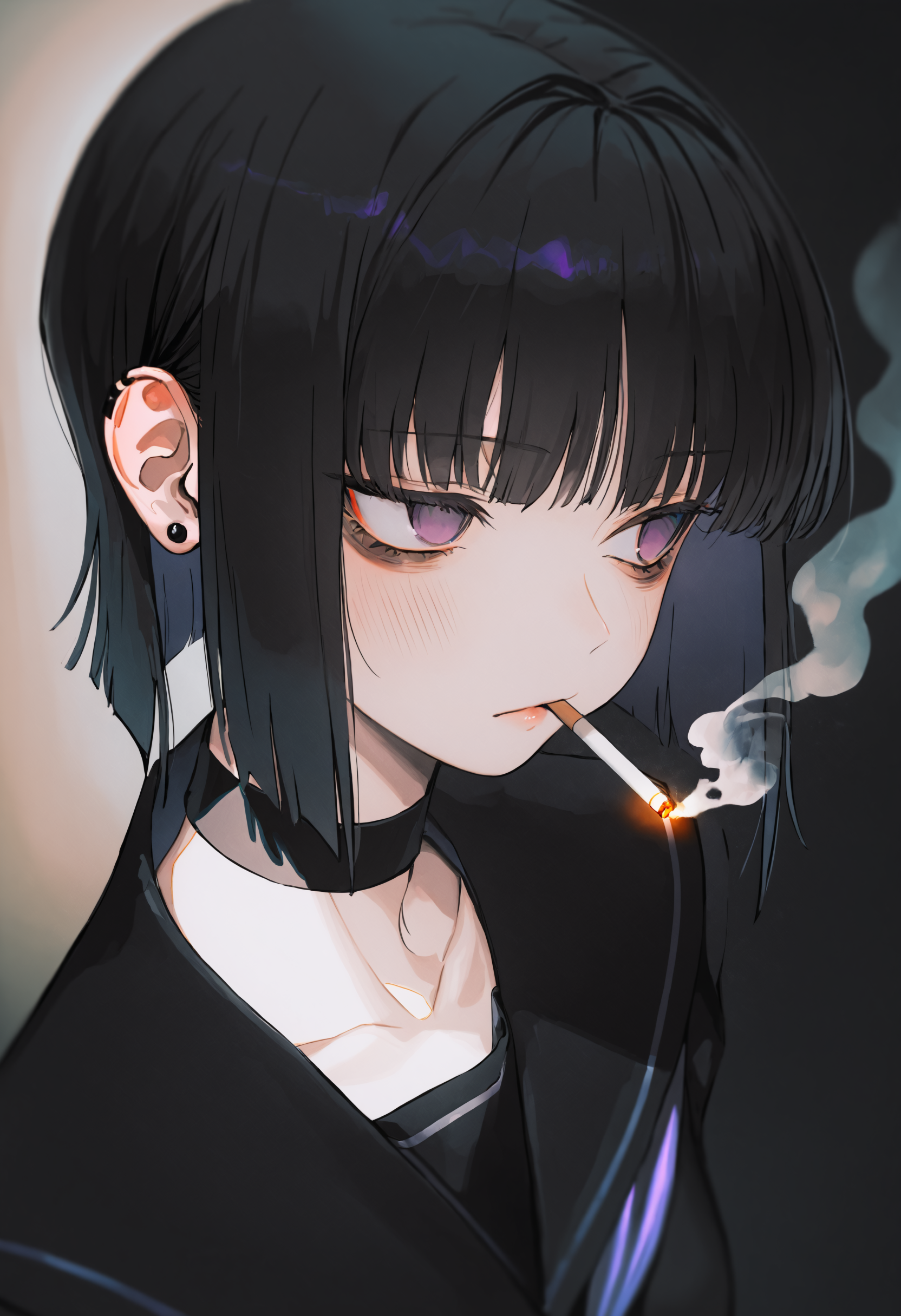 ambient occlusion, depth of field, traditional media, 1girl, cigarette, solo, black background, smoking, black hair, choker, black choker, smoke, jewelry, sailor collar, black sailor collar, earrings, simple background, serafuku, school uniform, portrait, short hair, black shirt, collarbone, black serafuku, bob cut, shirt, stud earrings, purple eyes, neckerchief, black theme, mouth hold, ear piercing, looking to the side, bags under eyes, upper body, piercing