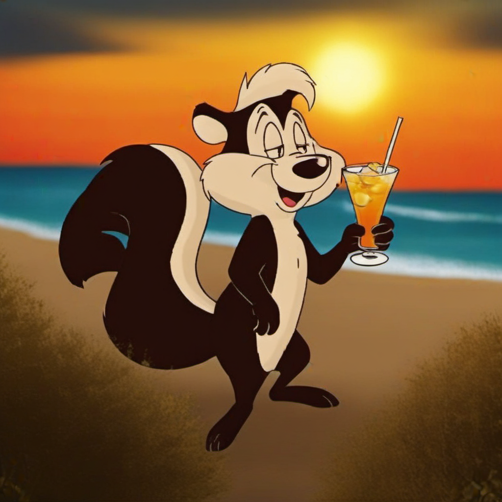 cinematic photo a cartoon character with a big furry tail, sunglasses, having a cocktail on the beach, sunset<lora:Pepe1024:0.8> . 35mm photograph, film, bokeh, professional, 4k, highly detailed