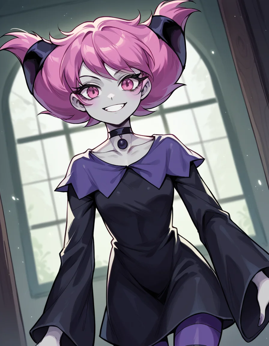 score_9, score_8_up, score_7_up, source_anime, <lora:jinx-dc-ponyxl-lora-nochekaiser_r1:1>, jinx, jinx (dc), colored skin, grey skin, hair horns, pink eyes, pink hair,, choker, long sleeves, pantyhose, striped clothes, striped pantyhose, black dress, wide sleeves, collarbone,, indoors, smile, looking at viewer, solo,, cowboy shot, dutch angle