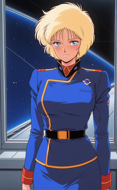 1girl,gndmzzemronc,retro artstyle,1980s (style),solo, blonde hair, short hair,eyelashes, blue eyes,medium breasts, lipstick, uniform, skirt,military uniform,blue jacket, belt, long sleeves, blue skirt,indoors,window,star \(symbol\),sky,space,looking at viewer,,from above ,closed mouth ,blush ,,standing ,upper body ,light smile , best quality,masterpiece,sensitive, <lora:GundamZZEmaryOunceNoobAI2:1>