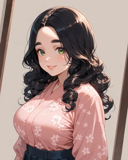 PonyScores7, source_anime, rating_safe, ah1, 1girl, (curly hair), long hair, (black hair:1.4), mature female, (parted hair:1.7), (round face:1.2), (no_bangs:1.3), (no_fringe:1.6), (thick eyebrows:1.2), (curvy), round-chin, (greenish hazel eyes), caucasian, (downturned eyes:1.2), (plump face), <lora:ETO_OCPonyXL:0.5> eto_oc, (skindentation), (plump), thick thighs, wide hips, busty, voluptuous, kinky curls, lips, bad-hands-5, <lora:venus body PonyXL:0.4>, <lora:xl_more_art-full_v1:0.2>, <lora:shinyskin2:0.2> glistening skin, <lora:aesthetic_anime_v1s:0.2>, <lora:Expressive_H:0.2> Expressiveh, <lora:hairdetailpxl:0.2> hairdetailpxl, <lora:EpicF4nta5yXL:0.2>, <lora:detailxl:0.2> detailxl, <lora:Fant5yP0ny:0.2>, best quality, amazing quality, best aesthetic, absurdres, <lora:expressive eyes:0.2> expressive eyes, <lora:eyedetailpxl:0.2> eyedetailpxl, illustration, Volumetric_Lighting, ultra-detailed, very aesthetic, intricate details, 8k, masterpiece, best_quality, smile, (Dutch Angle (from the side) view medium Close shot (focus on head)), (Sinister, forgotten underground catacombs inhabited by phantoms), <lora:Eyes_High_Definition:0.6> EyesHD, looking at viewer, (((bittersweet Ripped hakama pants with embroidery and a faded dress with patterns))),
