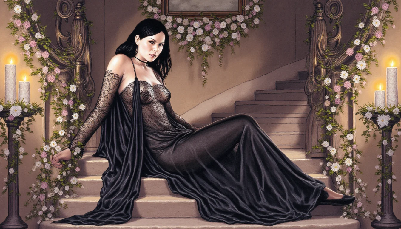 A beautifully detailed digital painting of a gothic woman sitting gracefully on an ornate Victorian staircase. She wears a flowing, sensual black lace dress with intricate embroidery, her pale skin contrasting with the dark atmosphere. Soft candlelight casts shadows across the grand staircase, adorned with wrought-iron railings and vintage floral patterns. Her deep, mysterious gaze adds an air of elegance and intrigue, evoking a sense of romantic gothic beauty. Art style: dark fantasy, gothic realism, highly detailed, dramatic lighting