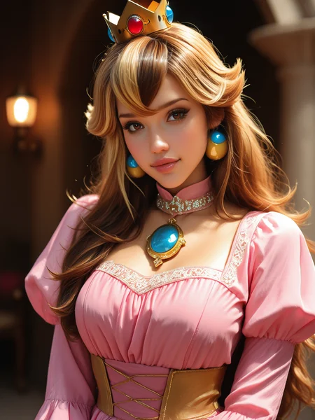 masterpiece, best quality, very aesthetic, dynamic lighting, realistic, 1 woman, solo, cinematic, <lora:JAlbDS:1> JAlbDS, brown hair, blonde streaks, brown eyes, looking at viewer, <lora:MoriiMee_Gothic_Niji_Style_Illustrious_r1:0.5> <lora:Beautiful_Girls_V4:0.5>, cosplaying as Princess Peach, very expressive, suggestive, cowboy shot