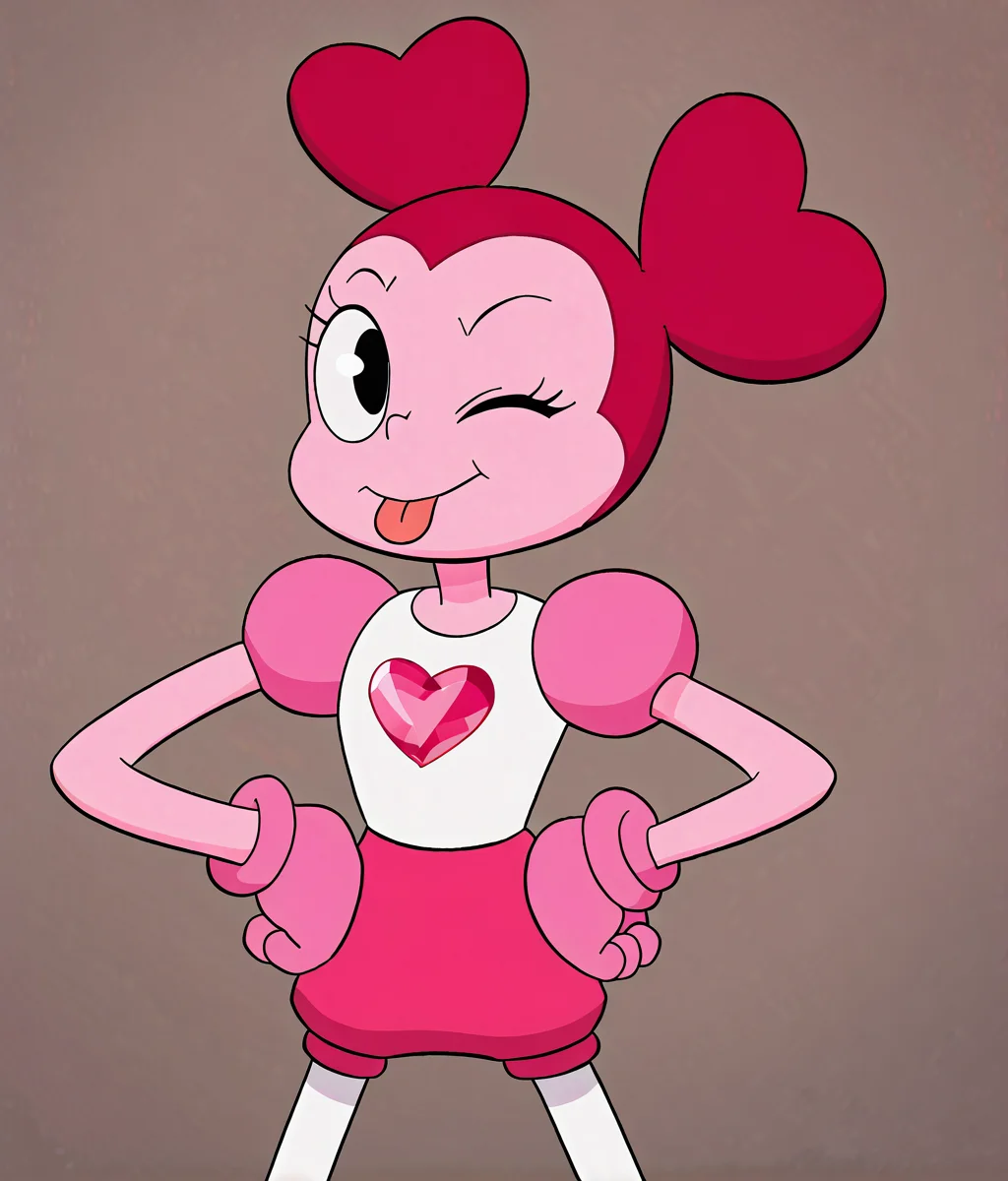 <lora:CVNTASD_Spinel-000005:1> , pink skin, black eyes, pink hair, pacman eyes, (heart shaped twintails), pink gem on chest, pink gloves, pink puffy shoulders, white leggings, pink shorts, puffy shorts, white top, standing pose, wink, one eye closed, hands on hip, tongue out, score_9, score_8_up, score_7_up, cute,