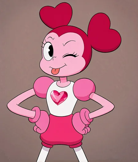 <lora:CVNTASD_Spinel-000005:1> , pink skin, black eyes, pink hair, pacman eyes, (heart shaped twintails), pink gem on chest, pink gloves, pink puffy shoulders, white leggings, pink shorts, puffy shorts, white top, standing pose, wink, one eye closed, hands on hip, tongue out, score_9, score_8_up, score_7_up, cute,