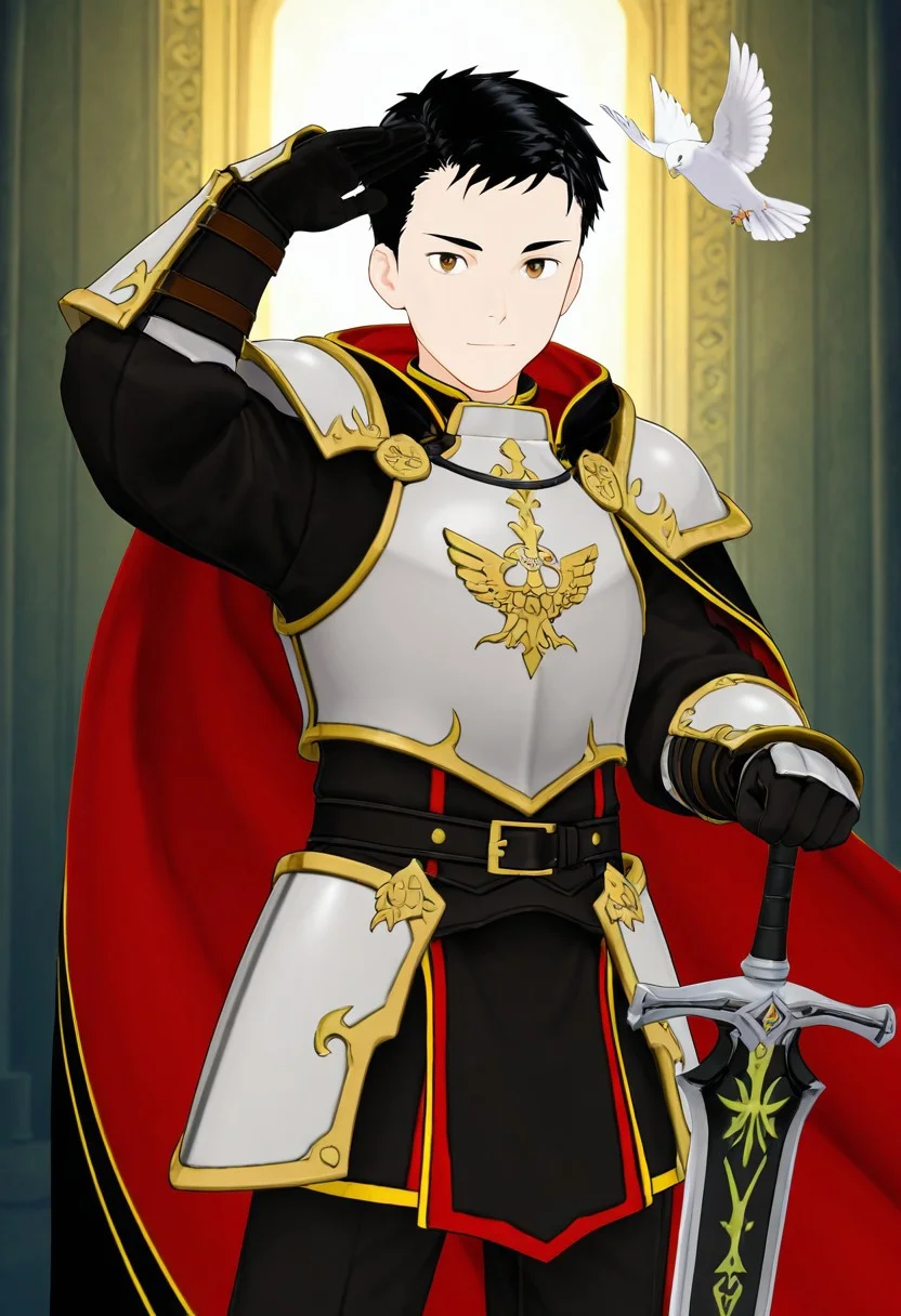 harmard, black hair, short hair, brown eyes, 1boy, solo, solo focus, young, youthful, he is dressed in a suit of dark iron platemail. Break. his right hand is holding up a black coloured sword, Properly holding the sword by the hilt, right hand up, brandishing a sword, his armour bears a crest of a yellow dove. fantasy armour. stylized silver dove emblems and symbols on armour and sheild. Break. epic background is a a beautiful palace. a strong wind is blowing his cape, white coloured armour, ready to fight pose, dawn sky in the background