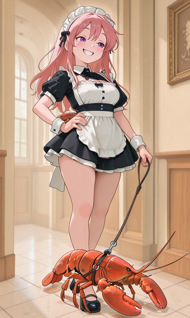 embedding:IllusP0s, g00se, pet lobster, holding leash, lobster harness, full body, 1girl, purple eyes, pink hair, hand on hip, grin, french maid outfit,<lora:g00se_v2_ill.safetensors:1.0:1.0> <lora:CivChan.safetensors:0.7:0.7> <lora:pet lobster, holding leash, full body_illustrious.safetensors:1:1>