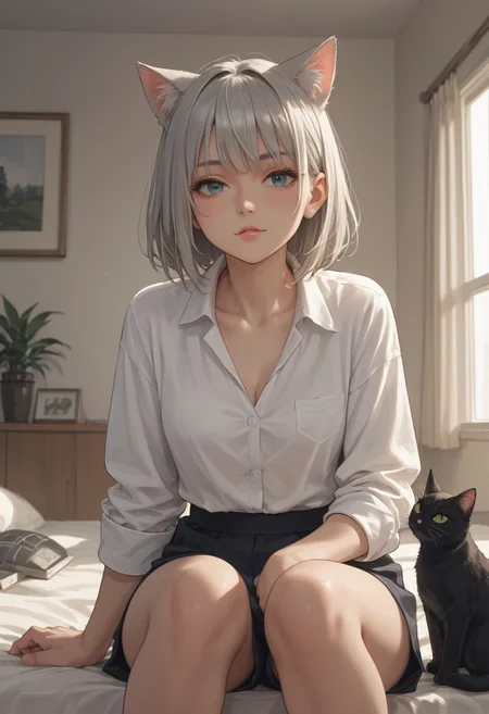 score_8_up, score_7_up, source_anime, 1girl, catgirl, cat ears, :3, indoors, cat