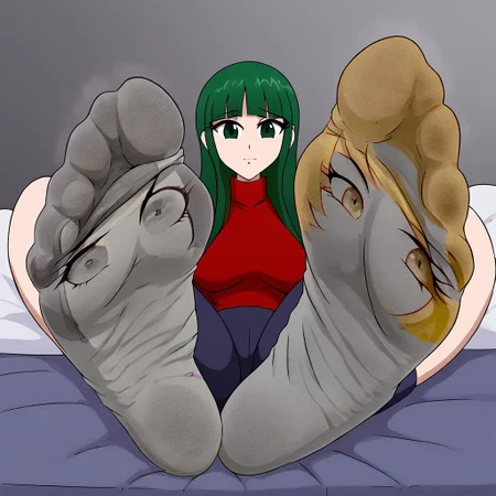 girl. green hair. sultry seductive expression on her face, foot focus, dirty socks, foreshortening, sexy soles, sexy feet, foot fetish, one character. socks. dirty socks. faces on socks. living socks with worried eyes. solo character.