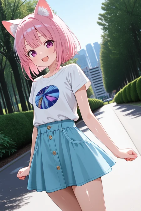 masterpiece, best quality, amazing quality, very aesthetic, absurdres,
cute round face, slender, detailed eyes, detailed hair, kawaii,
1girl, solo,
dynamic angle,
best shadow, an extremely delicate and beautiful, gleaming skin, cowboy shot,
in forest, park, garden, cityscape, photo background, blurry background,
a candid photo, captured moment,
standing, model pose, smile, open mouth, cat ears, nekomimi,
street fasion, casual fashion, harajuku fashion, wearing skirt, pink hair
<lora:erase_human_ear_v10_ill:1>