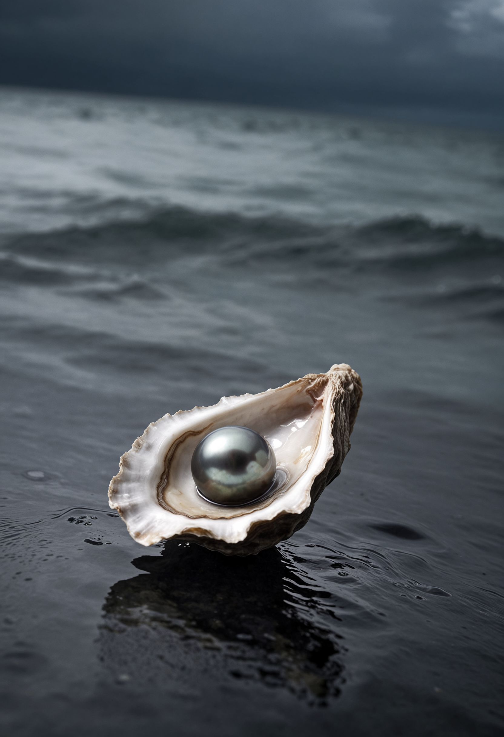 a hyper-realistic macro image of an irregular-shaped empty oyster shell, with a perfectly formed Tahitian pearl inside, hovering vertically over a dark and stormy seascape with drop shadows over the ocean, surreal in feel and desaturated in tonal range, shot with a tilt shift lens