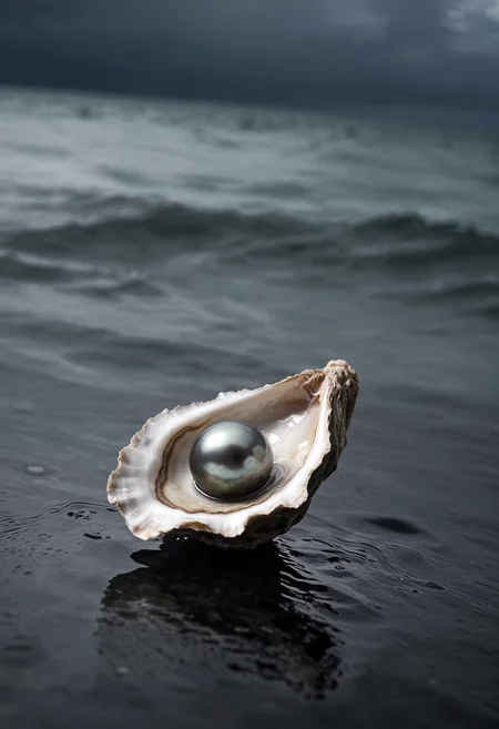 a hyper-realistic macro image of an irregular-shaped empty oyster shell, with a perfectly formed Tahitian pearl inside, hovering vertically over a dark and stormy seascape with drop shadows over the ocean, surreal in feel and desaturated in tonal range, shot with a tilt shift lens
