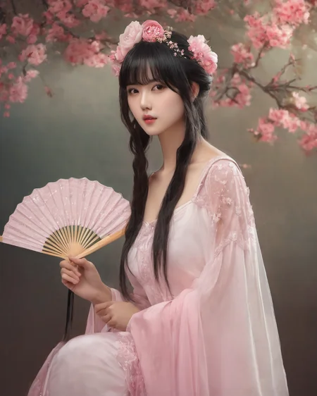 gufengnvhai,<lora:gufengnvhaisdxllora1-000001:1>realistic,photorealistic,masterpiece,1girl, solo, dress, flower, pink background, black hair, holding, white dress, hair ornament, bangs, hair flower, brown hair, hand fan