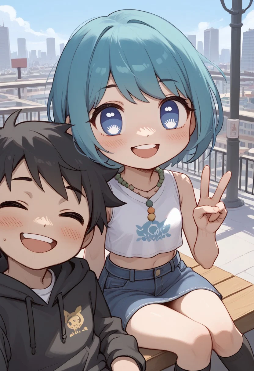 (score_9, score_8_up, score_7_up),chibi,upper body,deformed,| |, 1 girl and 1 boy,hetero, girl focus, bluca-light,aqua hair,short hair,blue eyes,symbol-shaped pupils,
crop top, skirt, black thigh high socks, black short hair boy, jeans, day, outside, city, Couple Selfie, sitting, fully clothed, smile,happy, open eyes,Smiling with teeth showing, peace sign