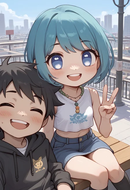 (score_9, score_8_up, score_7_up),chibi,upper body,deformed,| |, 1 girl and 1 boy,hetero, girl focus, bluca-light,aqua hair,short hair,blue eyes,symbol-shaped pupils,
crop top, skirt, black thigh high socks, black short hair boy, jeans, day, outside, city, Couple Selfie, sitting, fully clothed, smile,happy, open eyes,Smiling with teeth showing, peace sign