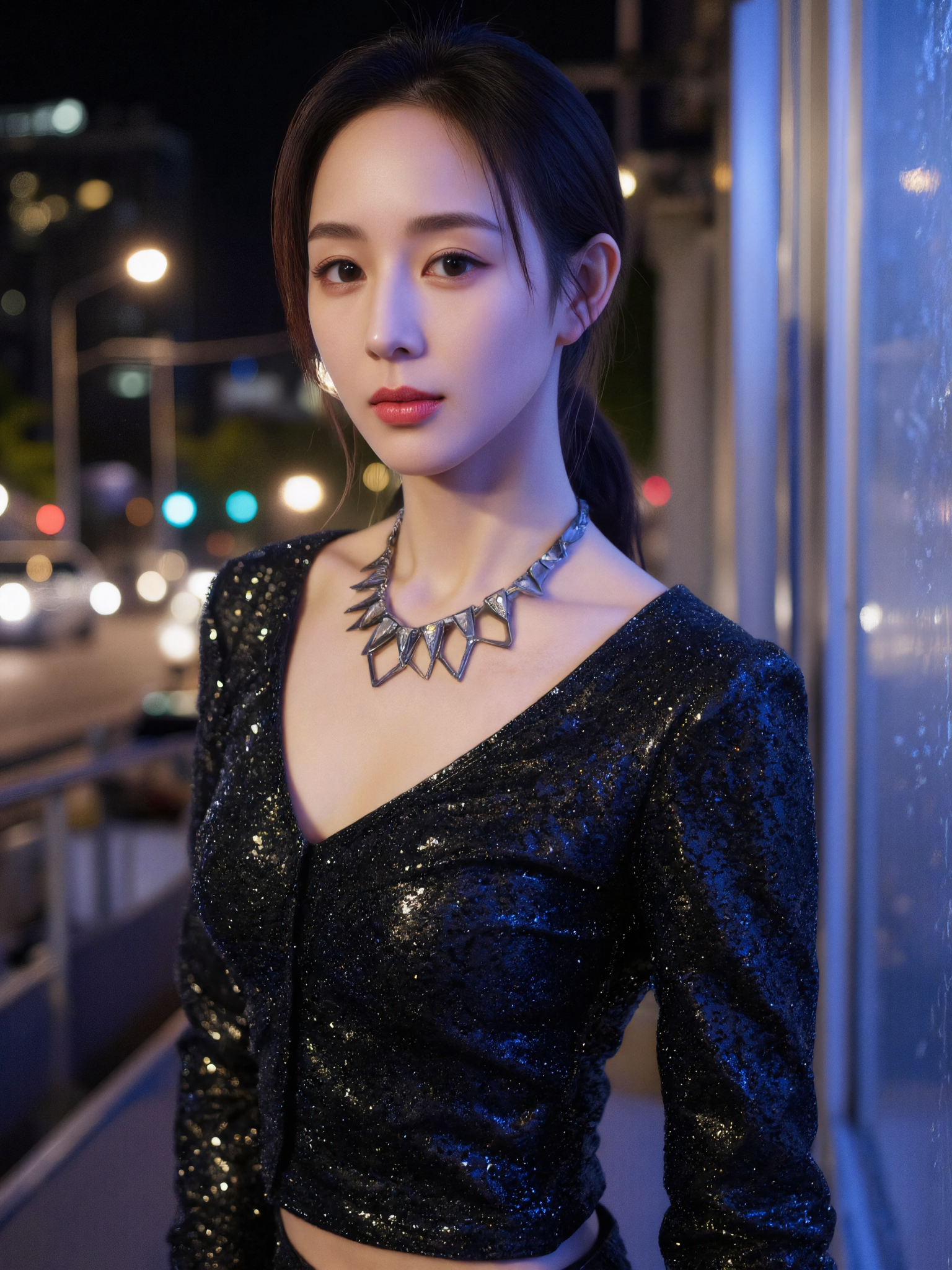 This is a high-resolution photograph featuring a young Asian woman with fair skin and a slender build. She has straight, jet-black hair styled in a sleek, low ponytail. Her facial features are delicate, with high cheekbones and subtle, natural makeup that enhances her youthful appearance.

She is wearing a black, glittery long-sleeve top that reflects light subtly, contrasting with her pale skin. A statement necklace with geometric shapes adds elegance and a modern touch to her outfit.

The background is an urban setting at night, with illuminated modern architecture made of metal and glass. Distant city lights create a soft bokeh effect, and gentle ambient lighting outlines her silhouette and facial features. The composition follows the rule of thirds, with the woman positioned slightly off-center. The camera angle is at eye level, providing a clear and balanced view of the subject.