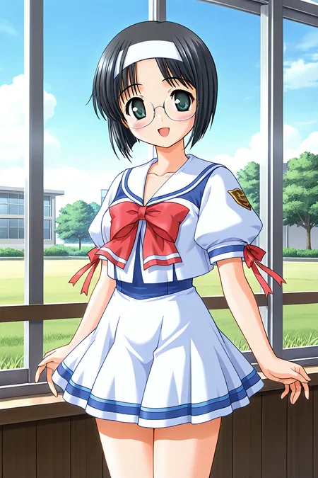 masterpiece, best quality, absurdres, official art, official style, general BREAK <lora:akiyamafumio_IL_v1-1:0.7>, akiyama fumio, kyuudou, 1girl, solo, green eyes, black hair, short hair, parted bangs, white headband, glasses, school uniform, white dress, red bowtie, puffy short sleeves, arm ribbon, red ribbon, emblem, waist ribbon, blue ribbon, white skirt, pleated skirt, blue line, open mouth, blush, smile, looking at viewer, cowboy shot, :d, standing, collarbone, indoors, window, blue sky, grass