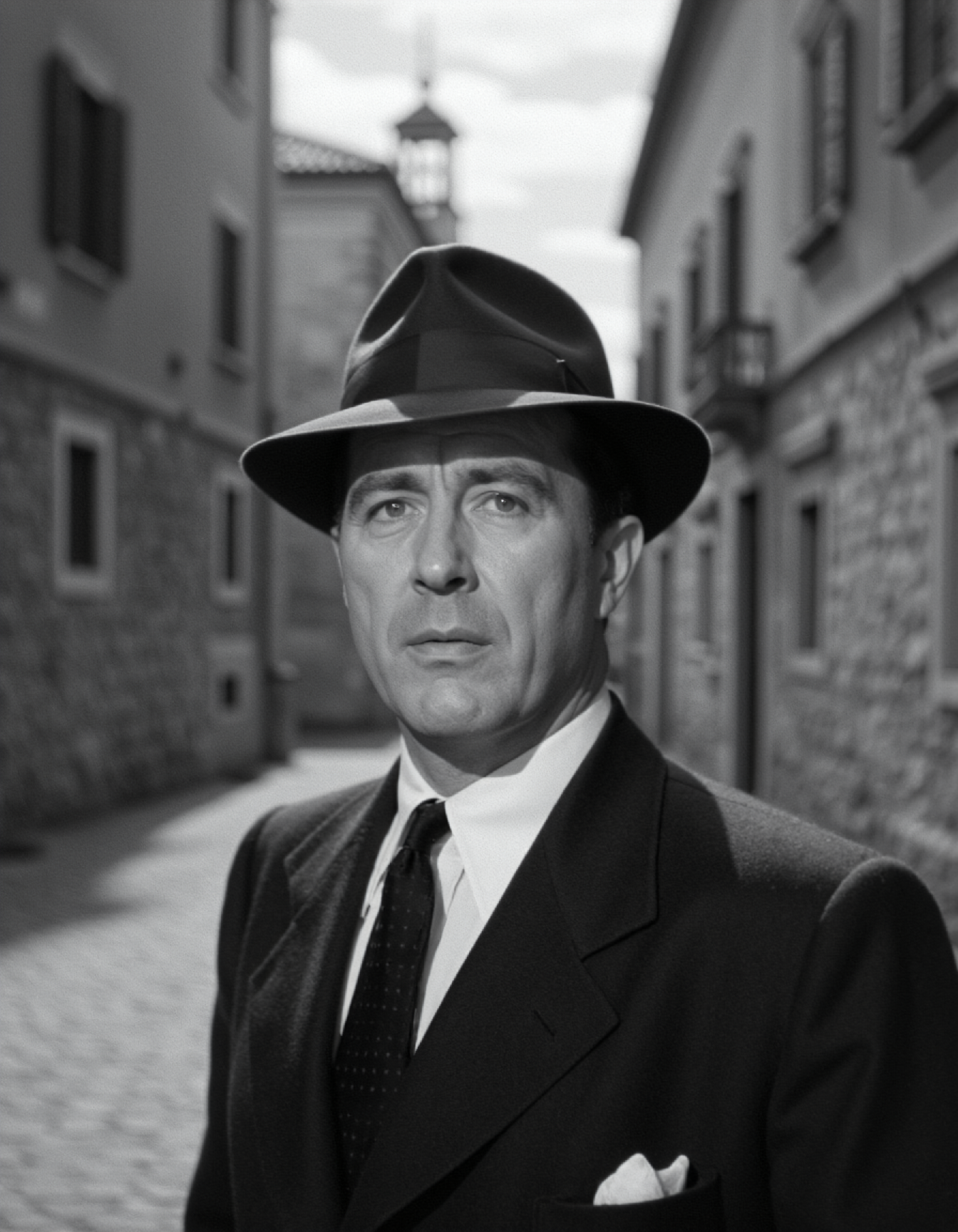 cinematic_1940s, A gritty 1940s portrait photograph captures the intense gaze of a powerful mafioso standing on a rugged Sicilian city street. The subject's sharp features are accentuated by a strong jawline and piercing brown eyes that seem to bore into the viewer's soul. A distinctive fedora hat sits atop his head, its brim pulled low over his face to add an air of mystery and menace. A crisp white shirt with a subtle sheen of starch accents the subject's broad shoulders, while a tailored black suit jacket with a hint of wear adds a touch of rugged authenticity to the image. The city street behind him is narrow and winding, with crumbling stone buildings looming above like sentinels. A few wispy clouds drift lazily across the sky, their soft peaks hidden behind the towering architecture. The overall effect is one of classic Hollywood drama and gritty realism, as if this mafioso has just stepped out of a 1940s film noir. Every detail from the subject's sharp suit jacket to the subtle creases on his face seems meticulously rendered, adding to the sense of intensity and power that pervades the image. A few subtle scratches on the city street's pavement add a touch of worn authenticity to the overall effect, hinting at a world that is rough around the edges but deeply rooted in tradition and culture. The portrait style of the photograph is classic Hollywood cinematic, with the subject rendered in sharp focus against a soft, blurred background.