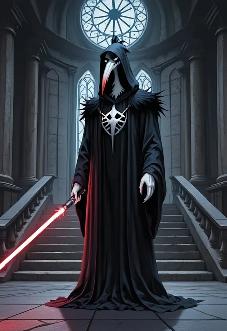 Masterpiece, best quality, highly detailed, absurdres, 1boy, (solo:1.2), cartoon, ch1ken, chicken, long beak, Black Sith lord robe, Hood, holding lightsaber, thick lightsaber, Sith temple background, detailed background, A3THER,
