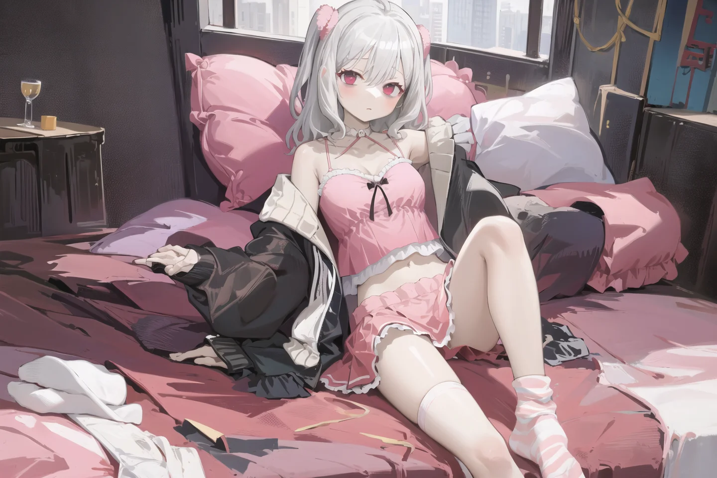 (masterpiece, best quality), (1girl, solo), bedroom
<lora:chiyuuVR_v3:0.7>, vr-chiyuu, camisole, jacket, socks, skirt
 <lora:pastelMixStylizedAnime_pastelMixLoraVersion:0.5>