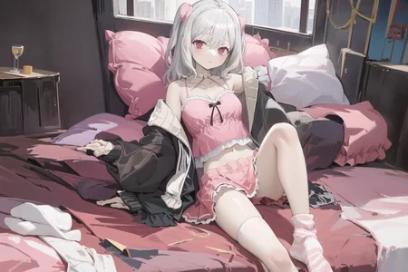 (masterpiece, best quality), (1girl, solo), bedroom
<lora:chiyuuVR_v3:0.7>, vr-chiyuu, camisole, jacket, socks, skirt
<lora:pastelMixStylizedAnime_pastelMixLoraVersion:0.5>