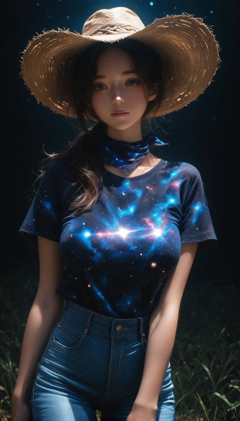 <lora:LCMTurboMix_Euler_A_fix:1> <lora:example_SDXL:0.3>, EZRealPONYXL, <lora:Dramatic Lighting Slider:3> <lora:realistic filter [IL]: 1>
DSLR,realistic,cosplay photo, (very awa,masterpiece,best quality,year 2024,newest,absurdres,highres:1), realistic,skin texture,facial features, photography shot with Canon EOS 5D Mark IV , realistic, RAW, best quality, masterpiece, amazing quality, skin details,
highly detailed beautiful face, large natural breasts,
detailed background, shiny skin, dutch angle, night, moonlight,
beautiful detailed eyes, intricate details, absurdres, anime screencap,
<lora:AddMicroDetails_Illustrious: 0.5> , addmicrodetails,
artist: onono imoko, artist: taesi,
high_quality, highres, detailed, masterpiece, best quality, absurdres, woman wearing Jedcwb, cowboy outfit, wide-brim hat, bandana, jeans,  black background, over-the-shoulder ponytail, bangs,  posing,  diagonal_angle,   <lora:CowgirlIL-000002:1>
 <lora:galaxyXLP:1> (galaxy print shirt : 1.5), (galaxy sky 1.5),